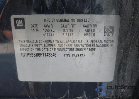 2015 Chevrolet Cruze 2Lt Auto z USA, uszkodzony, nr VIN 1G1PE5SB6F7143846